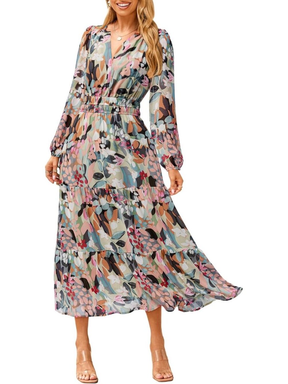 Women's Light Green Floral Boho V Neck Long Sleeve Wedding Guest Maxi Dresses